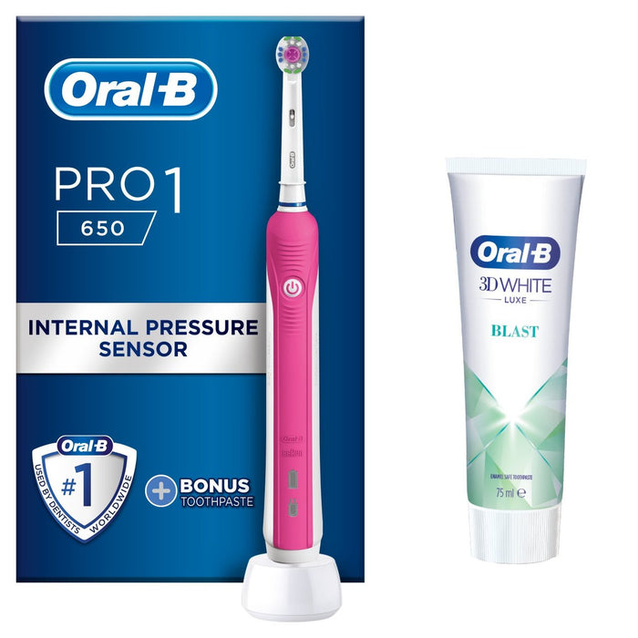 Oral-B Pro 1 650 Pink 3D White Electric Toothbrush (+ Whitening Toothpaste)