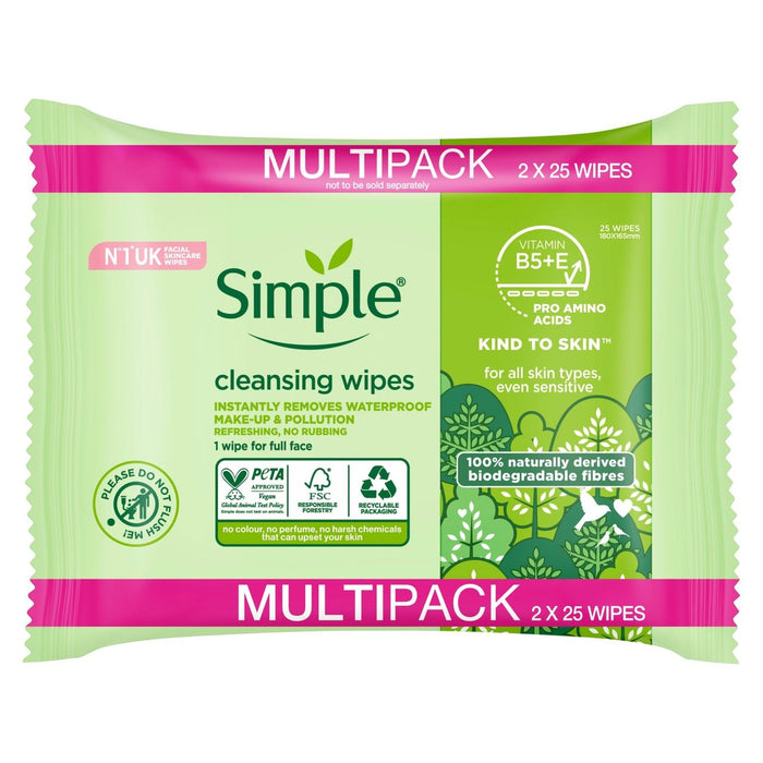 Simple Kind to Skin Biodegradable Face Wipes 2 x 25 per pack