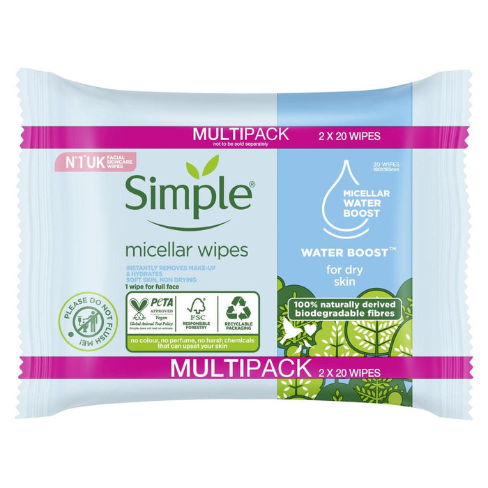 Simple Kind to Skin Micellar Biodegradable Cleansing Wipes 2 x 20 per pack