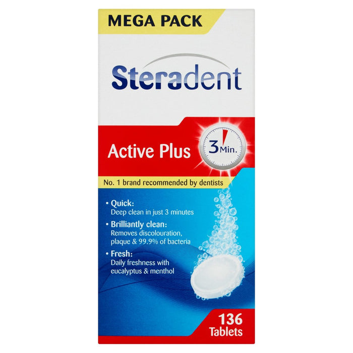 STERADENT ACTIVE plus les comprimés de nettoyage quotidien de prothèse 136 par paquet