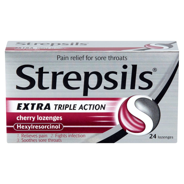 Strepsils Extra Triple Action Cherry Lozenges for Sore Throat 24 per pack - Special Offer