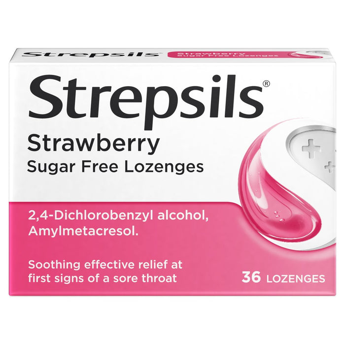 Strepsils Erdbeerzuckerfreie Lutschen für Halsschmerzen 36 pro Pack