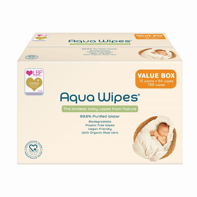 Aqua Wipes 100% Biodegradable Baby Wipes Jumbo Pack 12 x 64 per pack