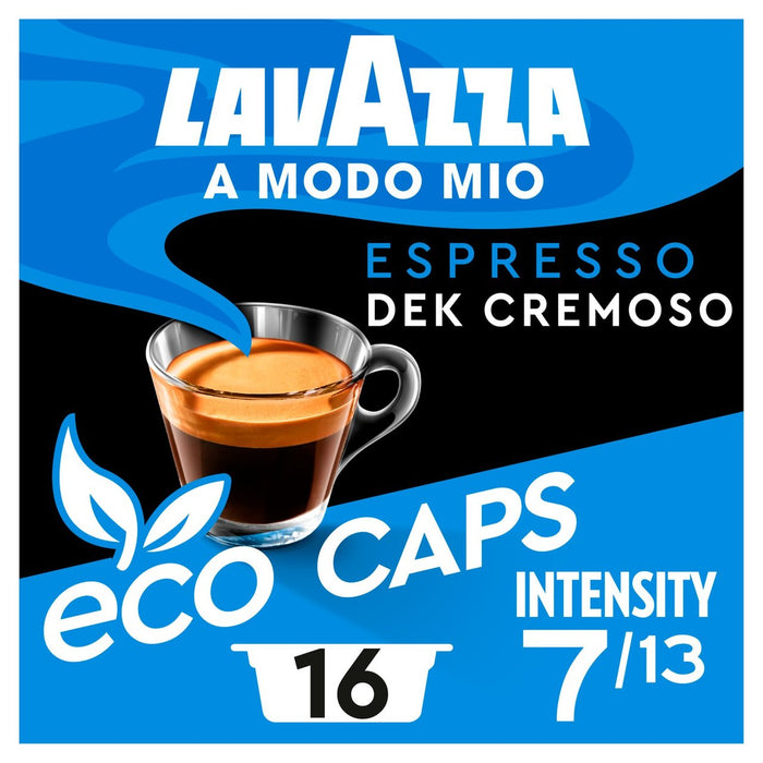 كبسولات قهوة Dek Cremoso القابلة للتحلل من Lavazza A Modo Mio Eco، 16 كبسولة في كل عبوة