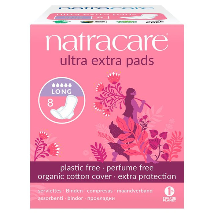 Natracare Bio -Baumwoll -Ultra extra lange Pads mit Flügeln 8 pro Pack