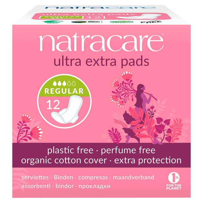 Natracare Algodón orgánico de algodón ultra extra con alas con alas 12 por paquete