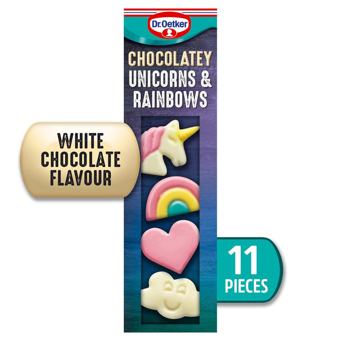 Dr. Oetker 11 Sabor de chocolate Unicornios y Decoraciones de pastel de arcoiris 18G