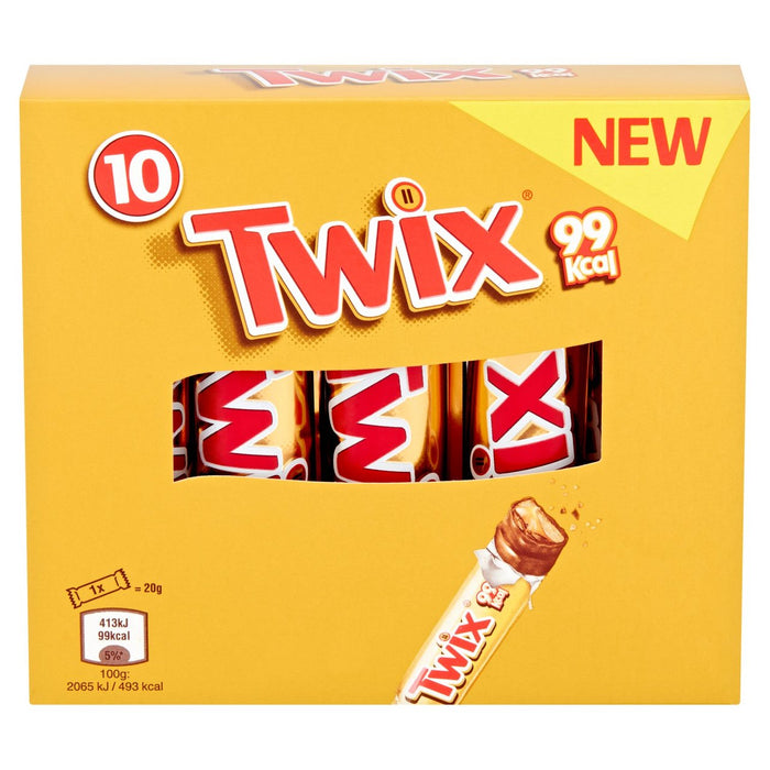 Twix Barras de bocadillos de galletas de chocolate de 99kcal Multipack 10 x 20g