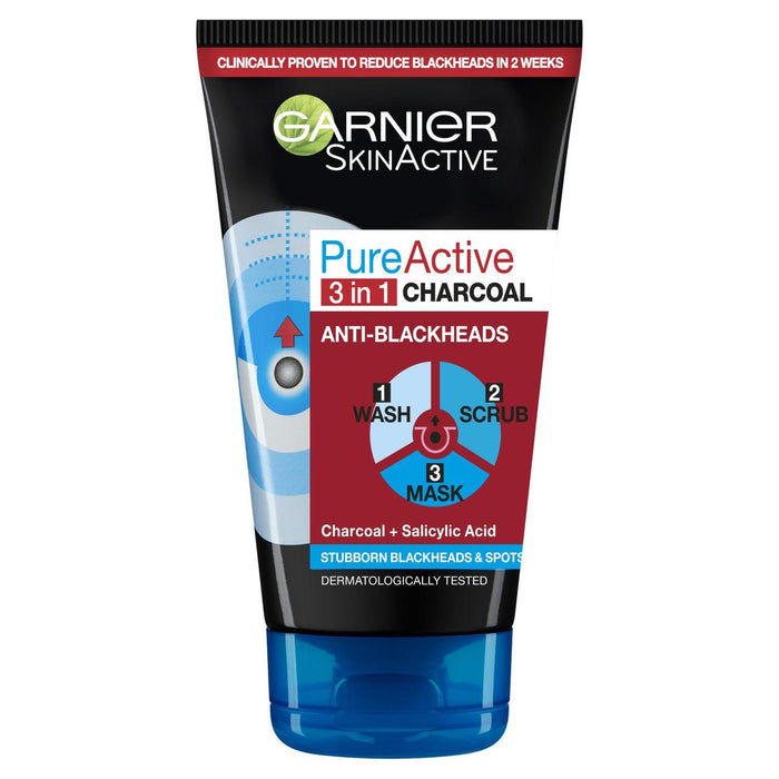 Garnier Pure Active 3in1 Charcoal Blackhead Face Mask Scrub & Wash 150ml