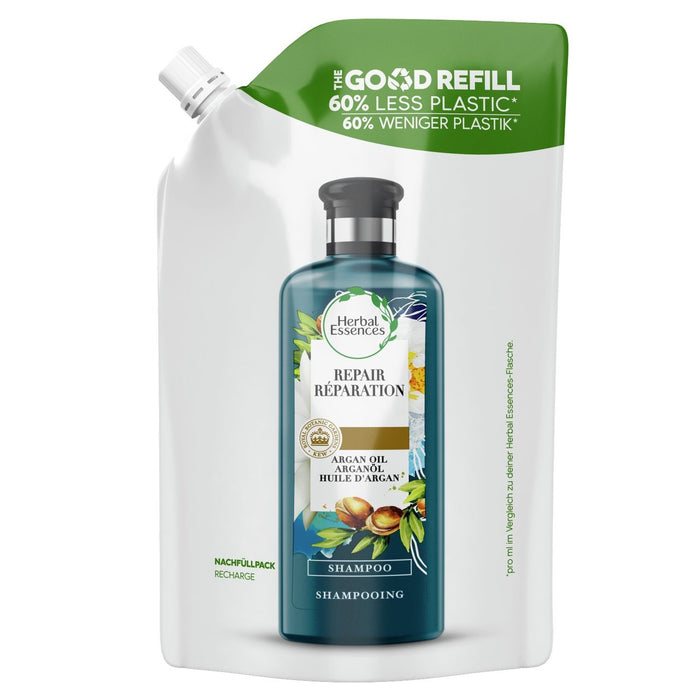 Shampooing de réparation des essences à base de plantes avec de l'huile d'argan, bonne recharge 480 ml