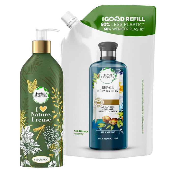 Shampooing de réparation des essences à base de plantes avec huile d'argan, bouteille rechargeable 430 ml