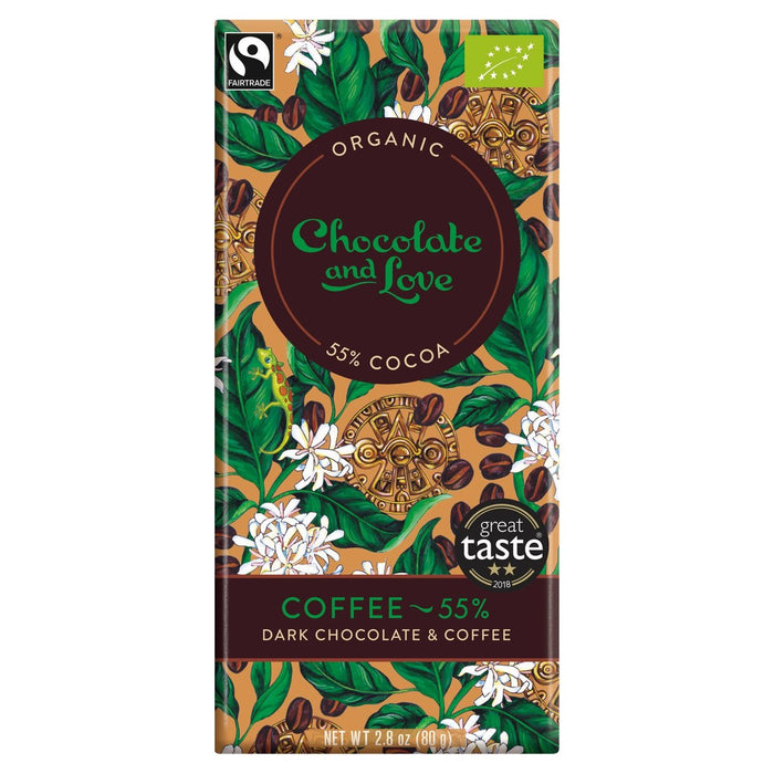 Café orgánico de chocolate y amor 55% de chocolate negro 80g