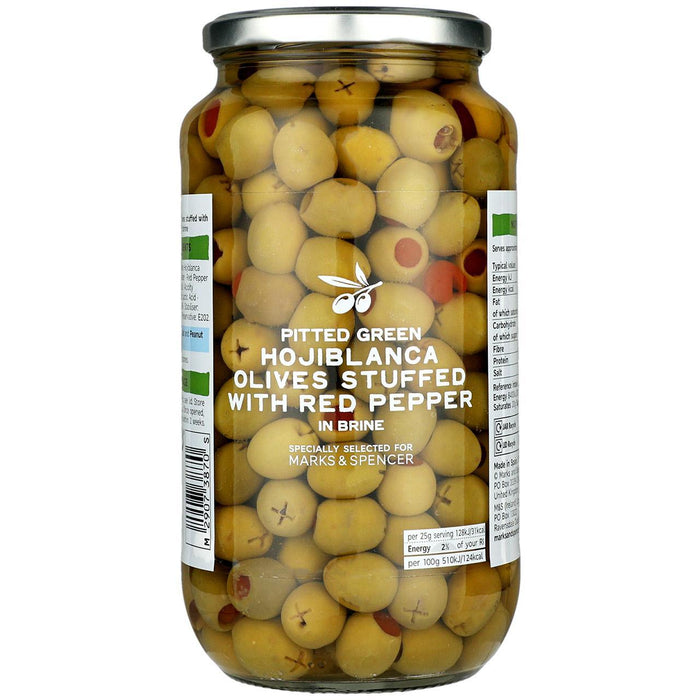 M & S Pailled Green Hojiblanca Oliven mit rotem Pfeffer 935g gefüllt