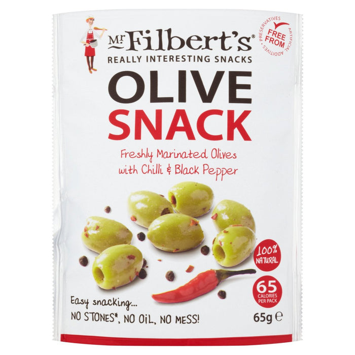 Mr Filberts Olive Snacks Olives vertes piquées avec Chilli et BlackPepper 65G