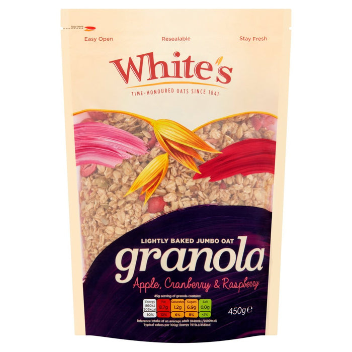 Granola de arándanos de manzana y frambuesa de blanco 450g